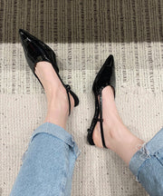 Fashion Kitten Sandals Black Cowhide Leather Hollow Out Pointed Toe