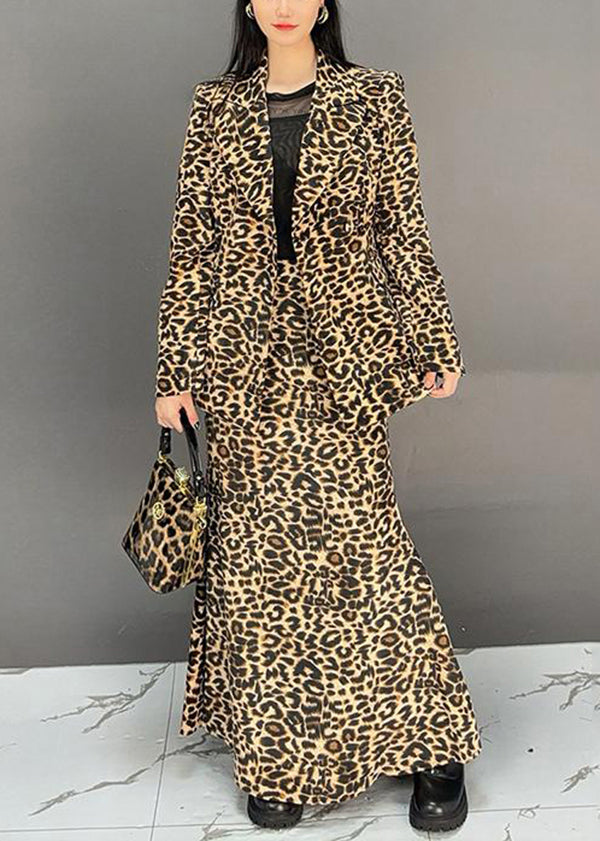 Fashion Leopard Coat And Skirts Two Pieces Set Fall