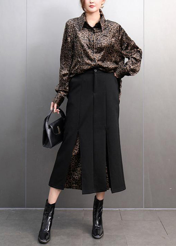 Fashion Leopard Peter Pan Collar Button Shirts And Maxi Skirts Two Pieces Set Spring