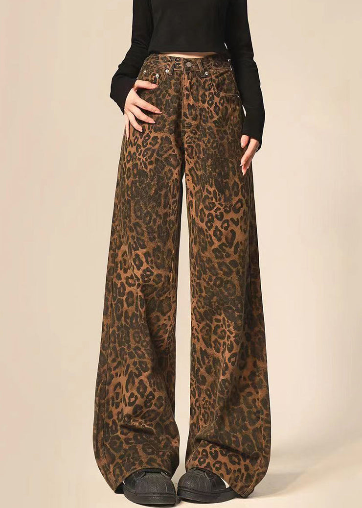 Fashion Leopard Print Pockets Denim Straight Pants Spring