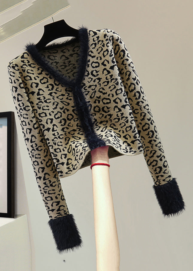 Fashion Leopard V Neck Print Patchwork Cotton Knit Sweater Winter