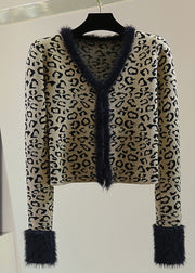 Fashion Leopard V Neck Print Patchwork Cotton Knit Sweater Winter