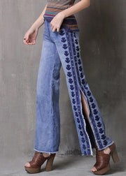 Fashion Light Blue Embroidered Side Open Pockets High Waist Jeans Summer