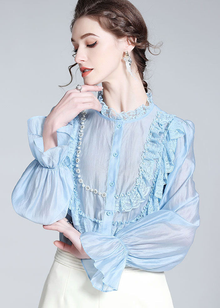 Fashion Light Blue Lace Ruffled Nail bead Patchwork Silk Shirt Spring