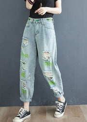 Fashion Light Blue Letter Embroideried Pockets Hole Cotton Denim Crop Pants Summer