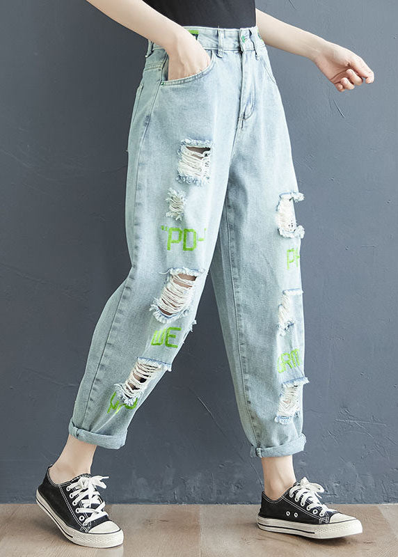 Fashion Light Blue Letter Embroideried Pockets Hole Cotton Denim Crop Pants Summer