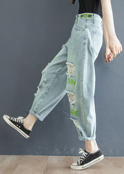 Fashion Light Blue Letter Embroideried Pockets Hole Cotton Denim Crop Pants Summer