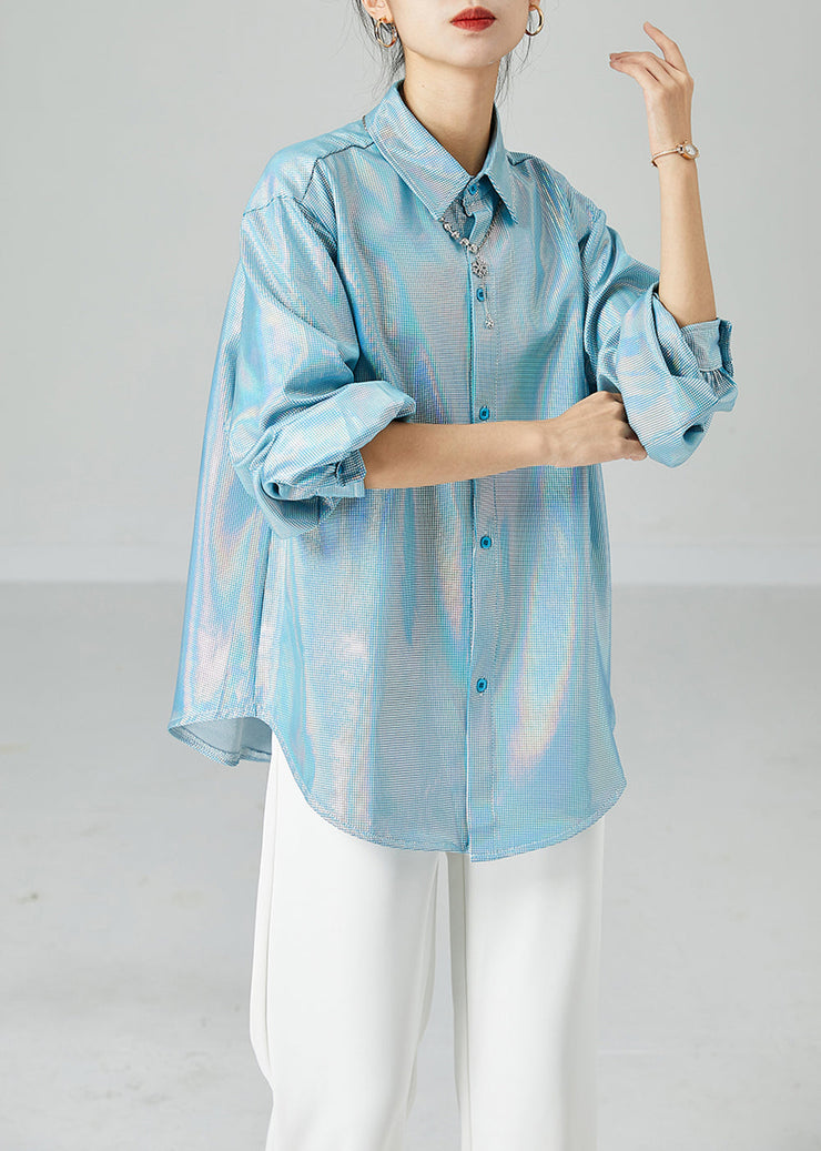 Fashion Light Blue Peter Pan Collar Oversized Plaid Shirts Spring