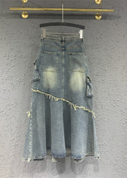 Fashion Light Blue Tasseled Pockets Patchwork Denim Skirt Fall