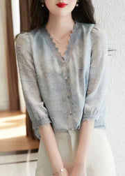 Fashion Light Blue V Neck Button Cotton Shirt Tops Half Sleeve