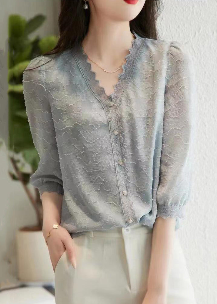 Fashion Light Blue V Neck Button Cotton Shirt Tops Half Sleeve