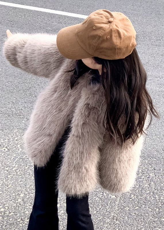 Fashion Light Brown V Neck Warm Fleece Kids Ma Hai Mao Leather And Fur Coats Winter