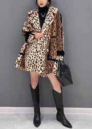 Fashion Light Chocolate Notched Leopard Fuzzy Fur Fluffy Loose Coat Winter