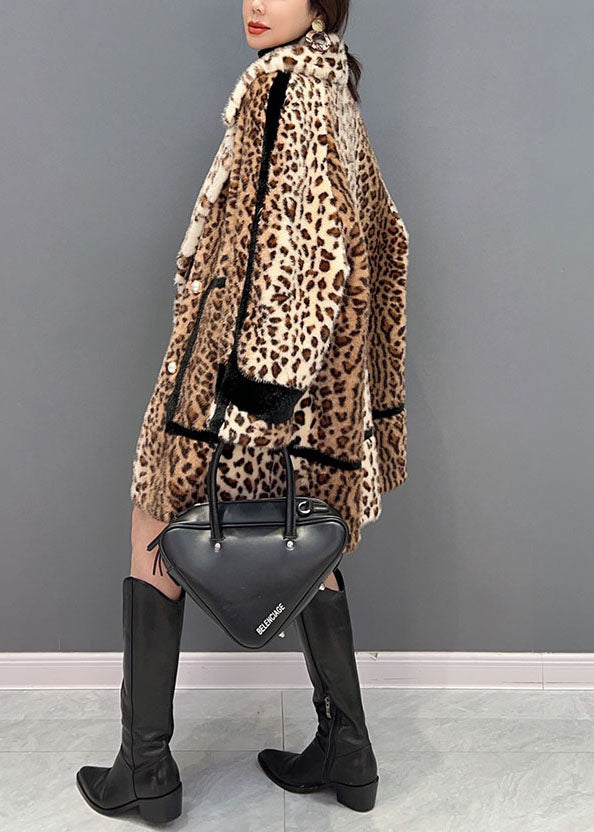 Fashion Light Chocolate Notched Leopard Fuzzy Fur Fluffy Loose Coat Winter