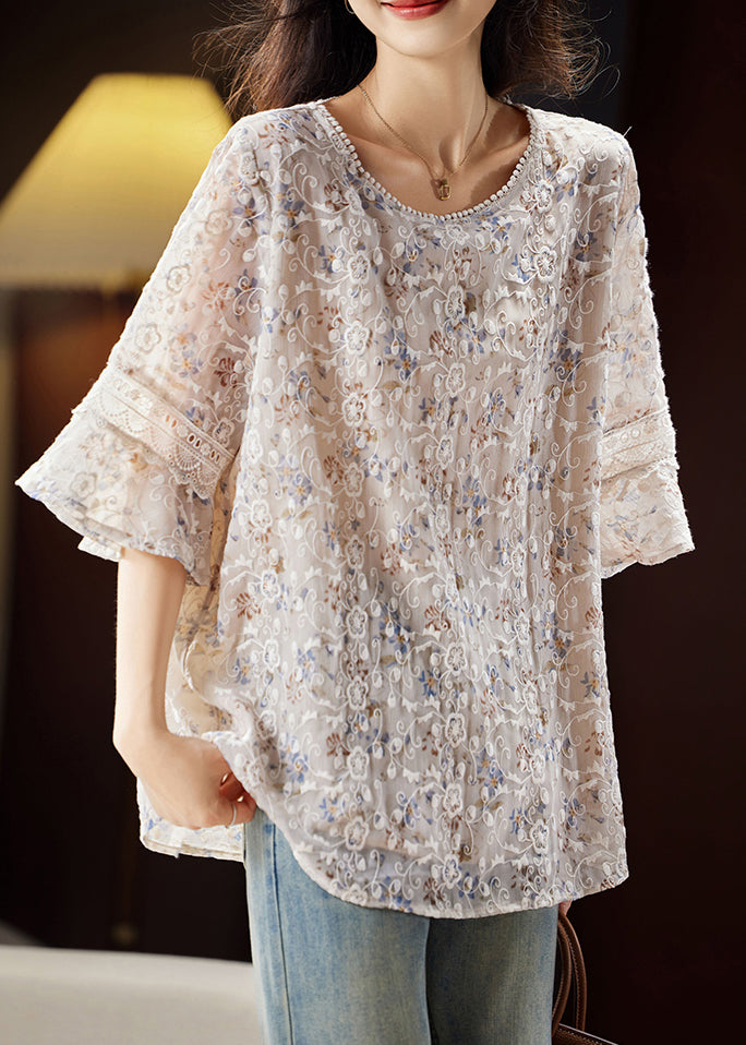 Fashion Light Coffee O-Neck Embroidered Shirts Butterfly Sleeve