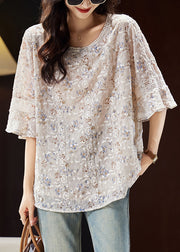 Fashion Light Coffee O-Neck Embroidered Shirts Butterfly Sleeve