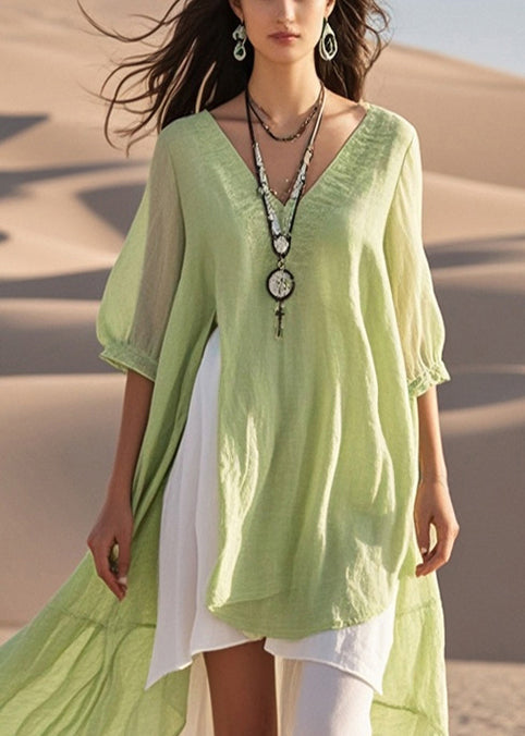 Fashion Light Green Asymmetrical Cotton Vacation Dresses Summer