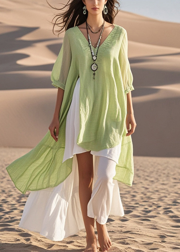 Fashion Light Green Asymmetrical Cotton Vacation Dresses Summer