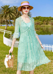 Fashion Light Green Embroideried Patchwork Tie Waist Silk Dresses Half Sleeve