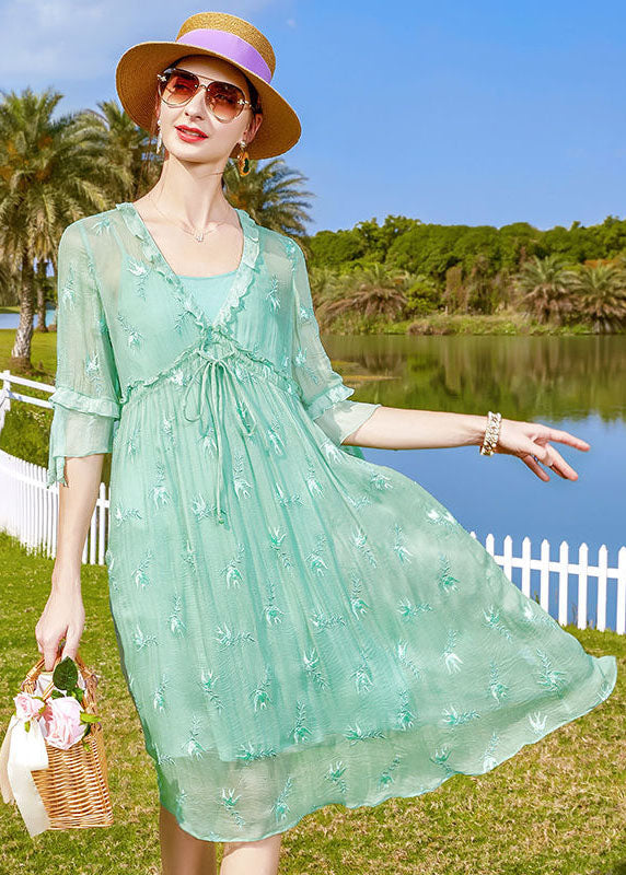 Fashion Light Green Embroideried Patchwork Tie Waist Silk Dresses Half Sleeve