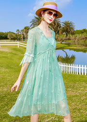 Fashion Light Green Embroideried Patchwork Tie Waist Silk Dresses Half Sleeve