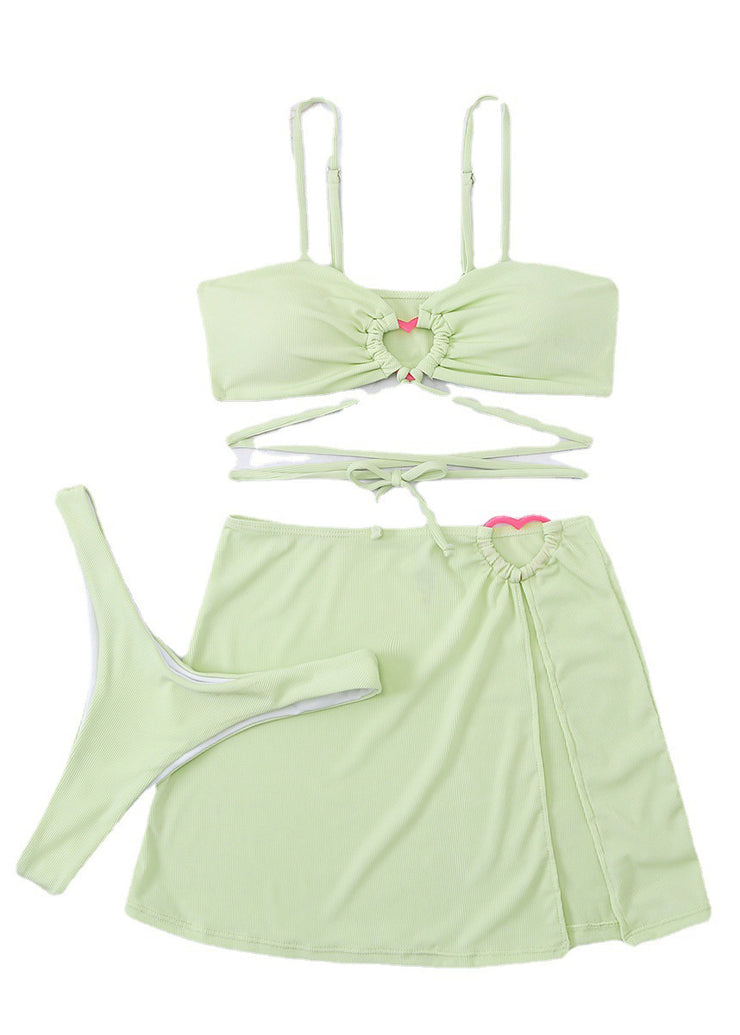 Fashion Light Green Hollow Out Lace Up Swimwear Set