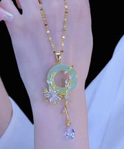 Fashion Light Green Stainless Steel Inlaid Crystal Jade Floral Pendant Necklace