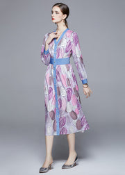 Fashion Light Purple V Neck Patchwork Print Cinch Dress Long Sleeve