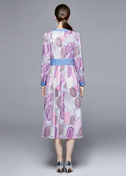 Fashion Light Purple V Neck Patchwork Print Cinch Dress Long Sleeve