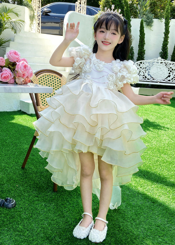 Fashion Light Yellow O-Neck Floral Low High Design Tulle Kids Long Dress Short Sleeve