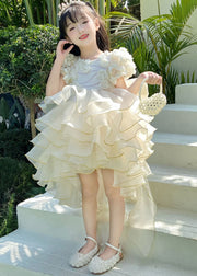 Fashion Light Yellow O-Neck Floral Low High Design Tulle Kids Long Dress Short Sleeve