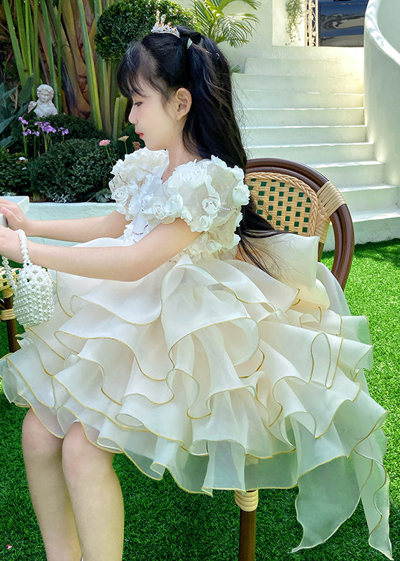 Fashion Light Yellow O-Neck Floral Low High Design Tulle Kids Long Dress Short Sleeve