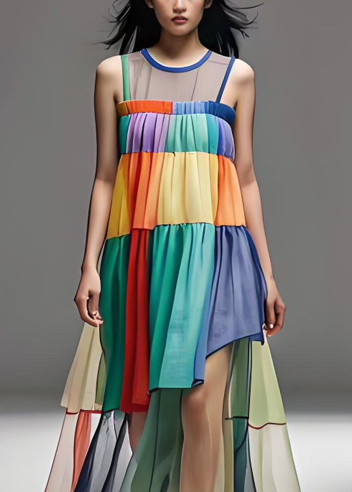 Fashion Loose Colorblock O Neck Tulle Patchwork Cotton Dresses Sleeveless