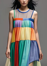 Fashion Loose Colorblock O Neck Tulle Patchwork Cotton Dresses Sleeveless