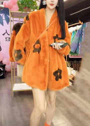 Fashion Loose Orange V Neck Pockets Mink Hair Jackets Winter