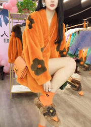 Fashion Loose Orange V Neck Pockets Mink Hair Jackets Winter