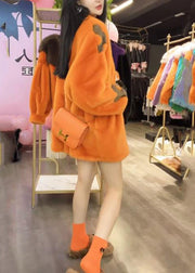 Fashion Loose Orange V Neck Pockets Mink Hair Jackets Winter