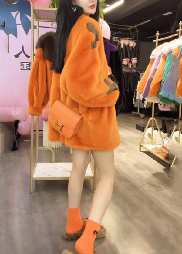 Fashion Loose Orange V Neck Pockets Mink Hair Jackets Winter