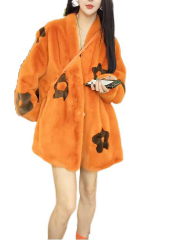 Fashion Loose Orange V Neck Pockets Mink Hair Jackets Winter