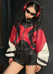 Fashion Loose Red Drawstring Patchwork Faux Leather Jacket Spring