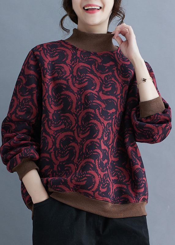 Fashion Mulberry Stand Collar Print Warm Fleece Pullover Streetwear Spring