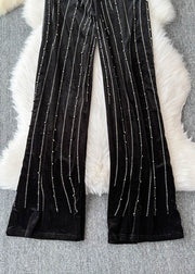 Fashion Mulberry Striped Zircon Silk Velvet Wide Leg Pants Spring