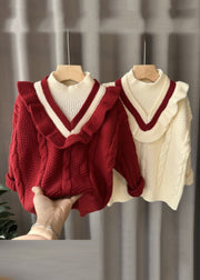 Fashion Mulberry Turtleneck Patchwork Fake Two Pieces Cotton Knit Kids Sweater Spring