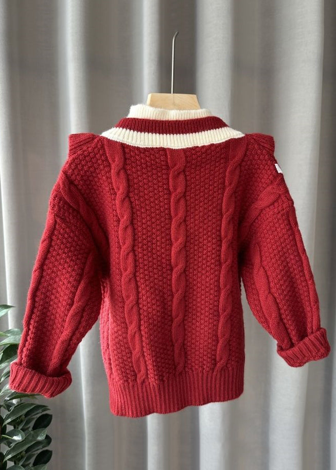 Fashion Mulberry Turtleneck Patchwork Fake Two Pieces Cotton Knit Kids Sweater Winter