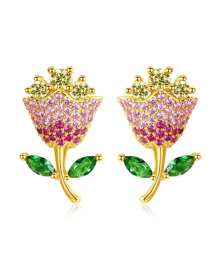 Fashion Multi Color Rose Zircon Copper Stud Earrings