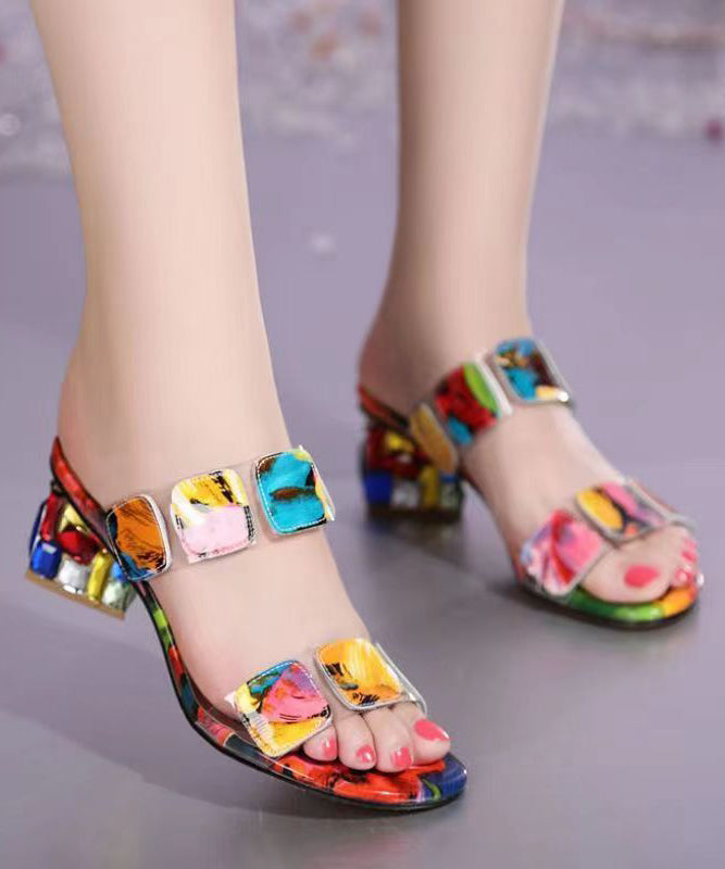 Fashion Multi Color Splicing Chunky Heel Peep Toe Slide Sandals