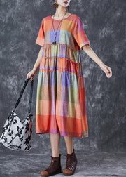 Fashion Multicolour Plaid Ruffled Cotton Long Dress Summer