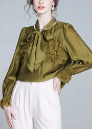 Fashion Mustard Green Bow Solid Silk Shirt Petal Sleeve