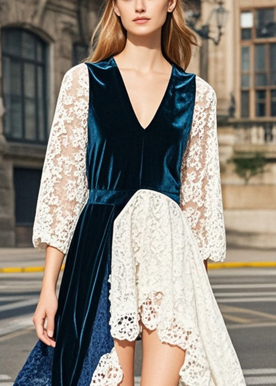 Fashion Navy Asymmetrical Lace Patchwork Silk Velvet Dresses Summer