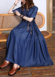 Fashion Navy O-Neck Bow Tie Waist Silk Cotton Denim Maxi Dresses Short Sleeve